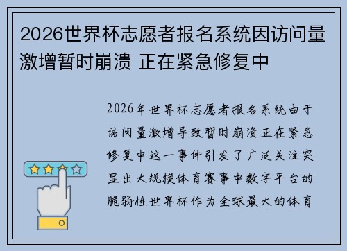 2026世界杯志愿者报名系统因访问量激增暂时崩溃 正在紧急修复中