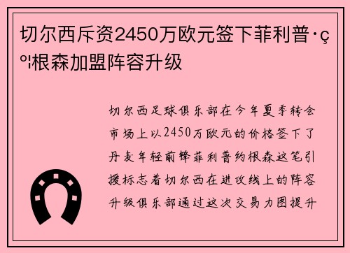 切尔西斥资2450万欧元签下菲利普·约根森加盟阵容升级