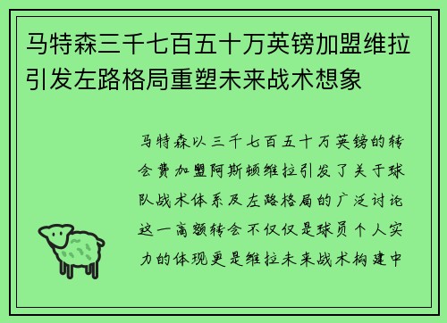 马特森三千七百五十万英镑加盟维拉引发左路格局重塑未来战术想象 马特森三千七百五十万英镑加盟维拉引发左路格局重塑未来战术想象